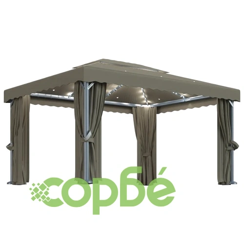 Шатра със завеси и LED светещи стрингове, 4x3 м, таупе ➤ топ цена ➤ sorbe.bg