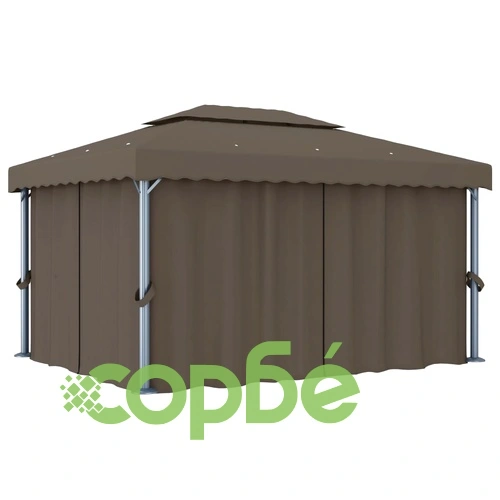 Шатра със завеси и LED светещи стрингове, 4x3 м, таупе ➤ топ цена ➤ sorbe.bg
