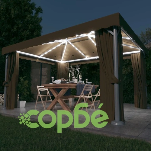 Шатра със завеси и LED светещи стрингове, 4x3 м, таупе ➤ топ цена ➤ sorbe.bg