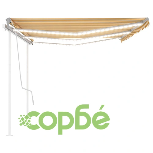 Ръчно прибиращ се сенник с LED, 6x3 м, жълто и бяло ➤ топ цена ➤ sorbe.bg