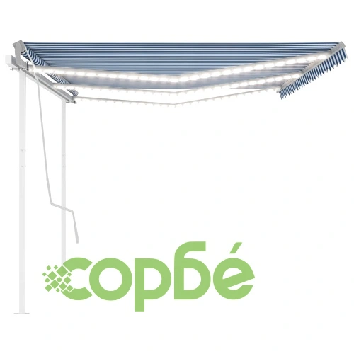 Автоматична тента с LED и сензор за вятър, 6x3 м, синьо и бяло ➤ топ цена ➤ sorbe.bg