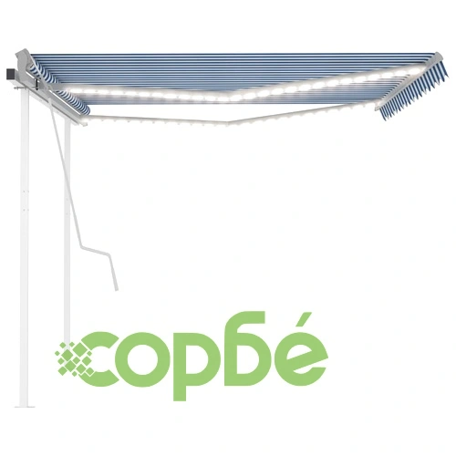Ръчно прибиращ се сенник с LED, 4x3,5 м, синьо и бяло ➤ топ цена ➤ sorbe.bg