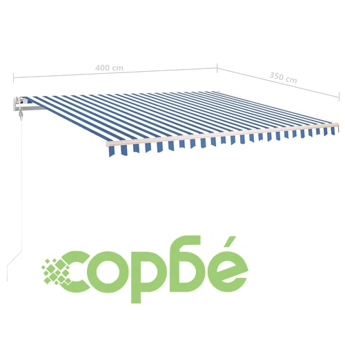 Ръчно прибиращ се сенник с LED, 4x3,5 м, синьо и бяло ➤ топ цена ➤ sorbe.bg