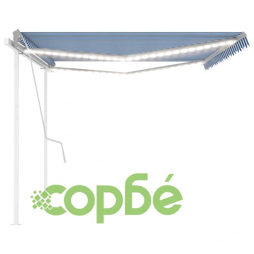 Ръчно прибиращ се сенник с LED, 5x3,5 м, синьо и бяло ➤ топ цена ➤ sorbe.bg