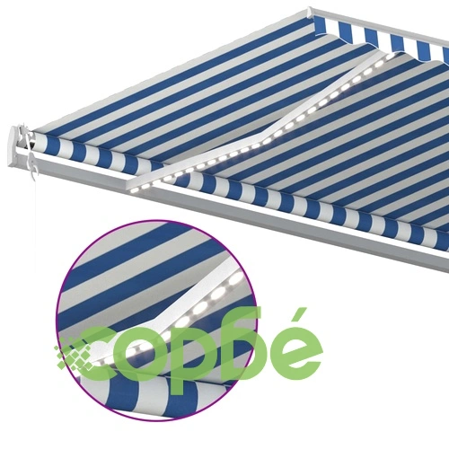 Ръчно прибиращ се сенник с LED, 5x3,5 м, синьо и бяло ➤ топ цена ➤ sorbe.bg