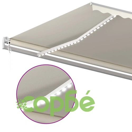 Ръчно прибиращ се сенник с LED, 5x3,5 м, кремав ➤ топ цена ➤ sorbe.bg