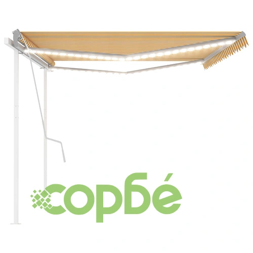 Ръчно прибиращ се сенник с LED, 5x3,5 м, жълто и бяло ➤ топ цена ➤ sorbe.bg