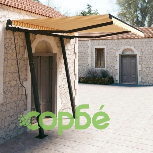 Ръчно прибираща се тента с пръти, 3x2,5 м, жълто и бяло ➤ топ цена ➤ sorbe.bg