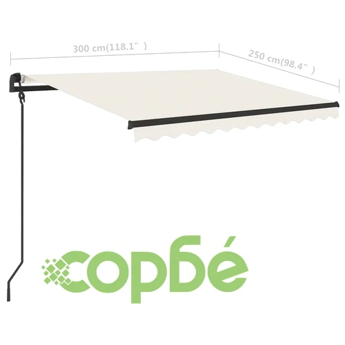 Ръчно прибираща се тента с LED, 3x2,5 м, кремава ➤ топ цена ➤ sorbe.bg