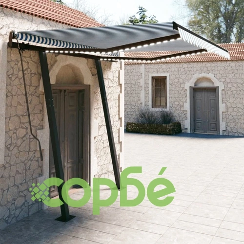 Автоматична тента с LED и сензор за вятър 3x2,5 м синьо и бяло ➤ топ цена ➤ sorbe.bg