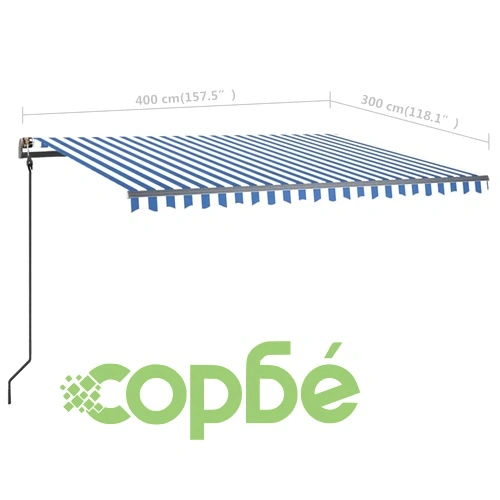 Ръчно прибиращ се сенник с LED, 4x3 м, синьо и бяло ➤ топ цена ➤ sorbe.bg