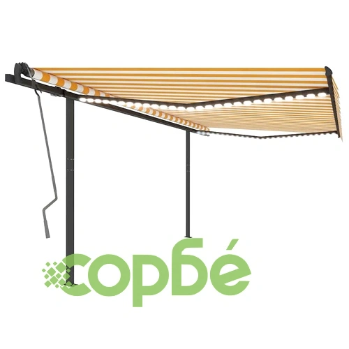 Ръчно прибиращ се сенник с LED, 4x3 м, жълто и бяло ➤ топ цена ➤ sorbe.bg
