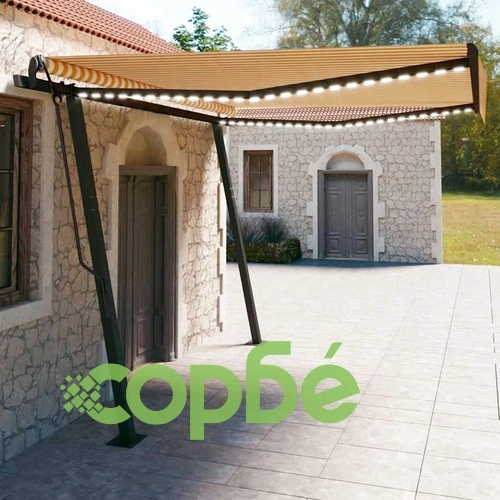 Ръчно прибиращ се сенник с LED, 4x3 м, жълто и бяло ➤ топ цена ➤ sorbe.bg