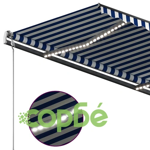 Ръчно прибиращ се сенник с LED, 4,5x3 м, синьо и бяло ➤ топ цена ➤ sorbe.bg