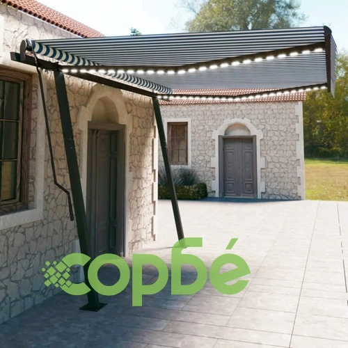 Автоматична тента с LED и сензор за вятър 4,5x3 м синьо и бяло ➤ топ цена ➤ sorbe.bg