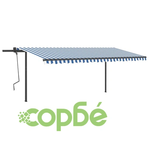 Ръчно прибиращ се сенник с LED, 5x3 м, синьо и бяло ➤ топ цена ➤ sorbe.bg