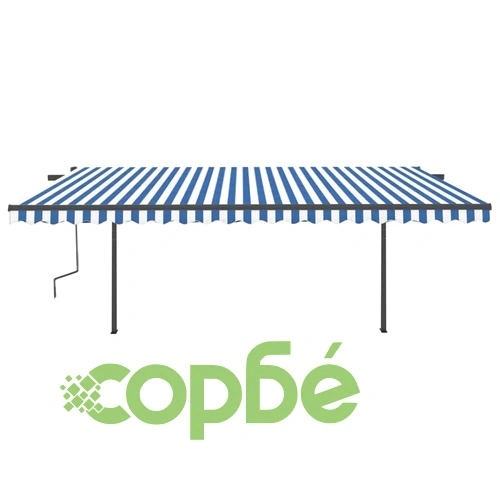 Ръчно прибиращ се сенник с LED, 5x3 м, синьо и бяло ➤ топ цена ➤ sorbe.bg