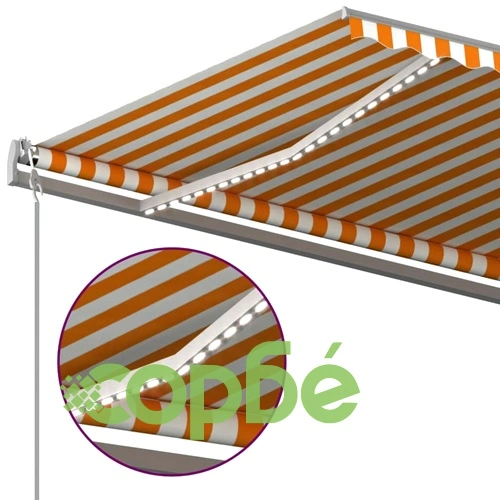Ръчно прибиращ се сенник с LED, 5x3 м, жълто и бяло ➤ топ цена ➤ sorbe.bg