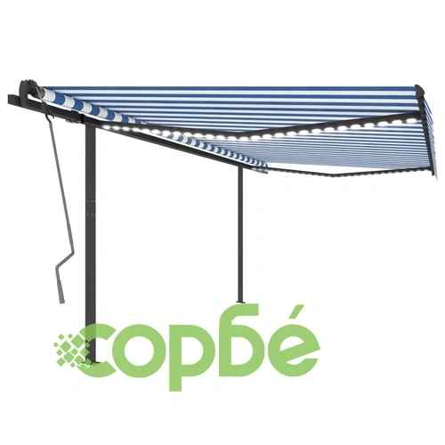 Ръчно прибиращ се сенник с LED, 4x3,5 м, синьо и бяло ➤ топ цена ➤ sorbe.bg