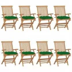 Градински столове със зелени възглавници 8 бр тик масив