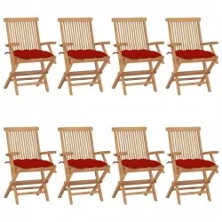 Градински столове с червени възглавници 8 бр тик масив