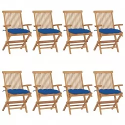 Градински столове със сини възглавници 8 бр тик масив