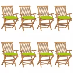 Градински столове с яркозелени възглавници 8 бр тик масив