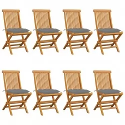 Градински столове със сиви възглавници 8 бр тик масив