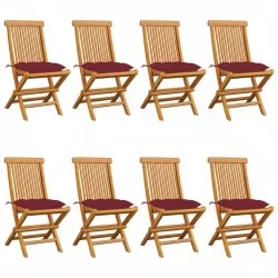 Градински столове с виненочервени възглавници 8 бр тик масив