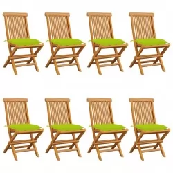 Градински столове със светлозелени възглавници 8 бр тик масив