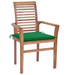 Трапезни столове, 6 бр, със зелени възглавници, тик масив