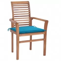 Трапезни столове, 8 бр, със сини възглавници, тик масив