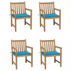 Градински столове, 4 бр, сини възглавници, тиково дърво масив