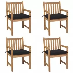 Градински столове, 4 бр, черни възглавници, тиково дърво масив