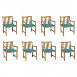 Градински столове, 8 бр, сини възглавници, тиково дърво масив