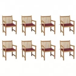 Градински столове, 8 бр, с виненочервени възглавници, тик масив