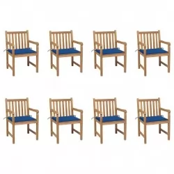 Градински столове, 8 бр, кралскосини възглавници, тик масив