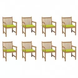 Градински столове, 8 бр, с яркозелени възглавници, тик масив