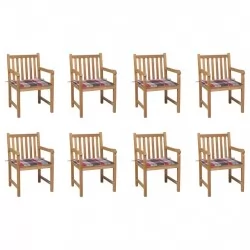 Градински столове, 8 бр, възглавници на червено каре, тик масив