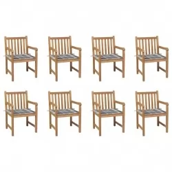 Градински столове, 8 бр, възглавници на сиво каре, тик масив
