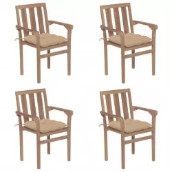 Стифиращи градински столове с възглавници, 4 бр, тик масив