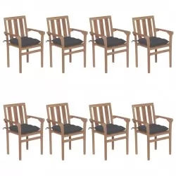 Стифиращи градински столове с възглавници, 8 бр, тик масив