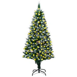 Изкуствено коледно дърво, LED, шишарки и бял сняг, 210 см