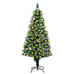 Изкуствено коледно дърво, LED, шишарки и бял сняг, 240 см