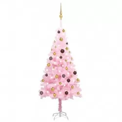 Изкуствена коледна елха с LED и топки, розова, 150 см, PVC
