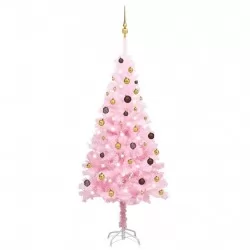 Изкуствена коледна елха с LED и топки, розова, 180 см, PVC