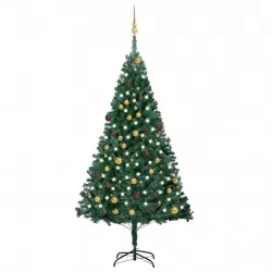 Изкуствена коледна елха с LED и топки, зелена, 210 см, PVC