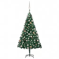 Изкуствена коледна елха с LED и топки, зелена, 150 см, PVC 