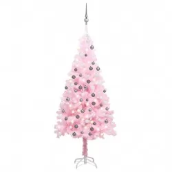 Изкуствена коледна елха с LED и топки, розова, 150 см, PVC 