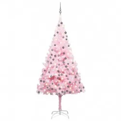 Изкуствена коледна елха с LED и топки, розова, 210 см, PVC 